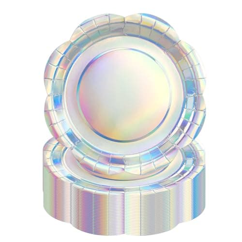 KFJBPB 50PCS Iridescent Silver Paper Plates 7 Inch, Disposable Holographic Scalloped Plates Cake Dessert Plate for Mermaid Birthday Wedding Party Supplies (Iridescent Silver, 7 inch)