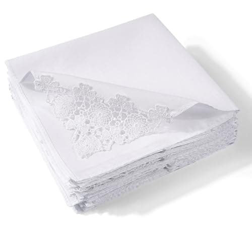 Selected Hanky Women's Cotton Handkerchiefs with Crohet Lace at Corner, Ladies Hankies for Bridal Wedding 12 Pcs Set, Textile Handkerchiefs