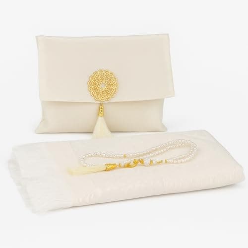BABY SHOWER CHOCOLATE Muslim Prayer Rug and Tasbeeh Set with Portable Premium Shantung Bag – Soft Janamaz Sajadah for Men & Women – Islamic Gift for Ramadan, Eid, Hajj, Umrah – Travel Prayer Mat