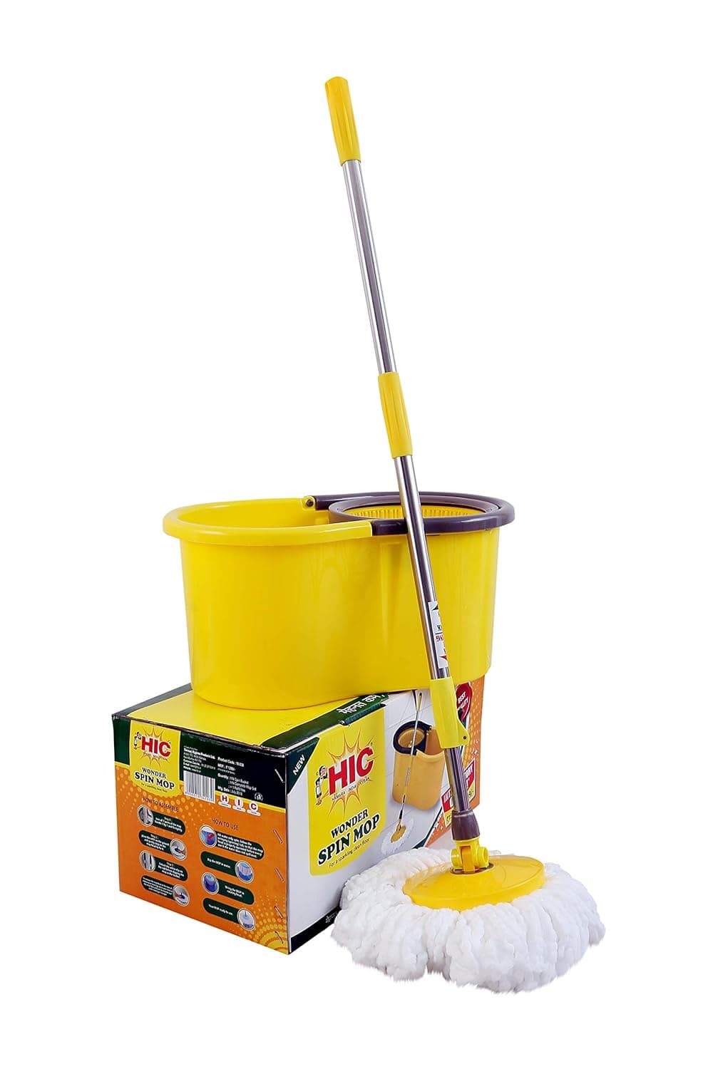 HIC Microfiber Spin Bucket Mop Set with Easy Wringer and Plastic Bucket for Magic Elegant 360 Degree Moving with Handle with Easy CleaningYellow