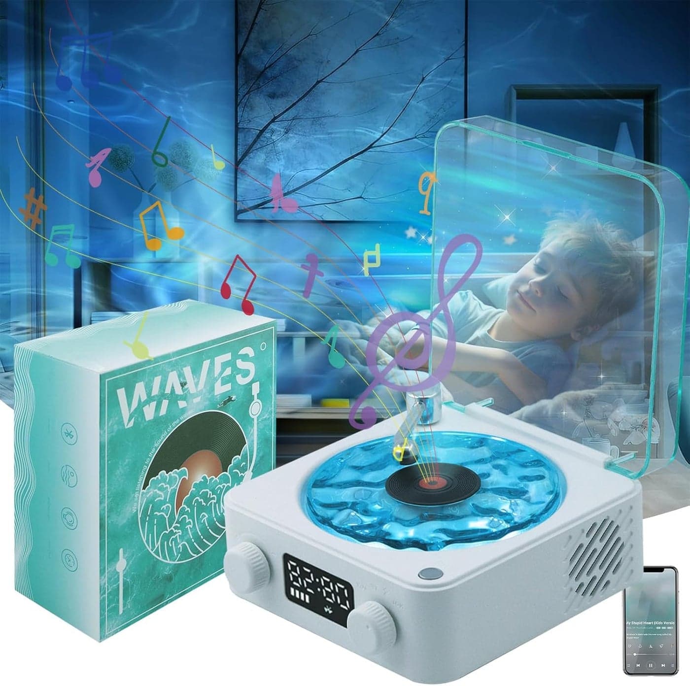 CPENSUS Retro-Style Wireless Waves Bluetooth Speaker, Aqua Vinyl Speaker, The Waves Vinyl Player with Ambience Light and Clock for Bedroom, Office, Party, 5 Watts Output