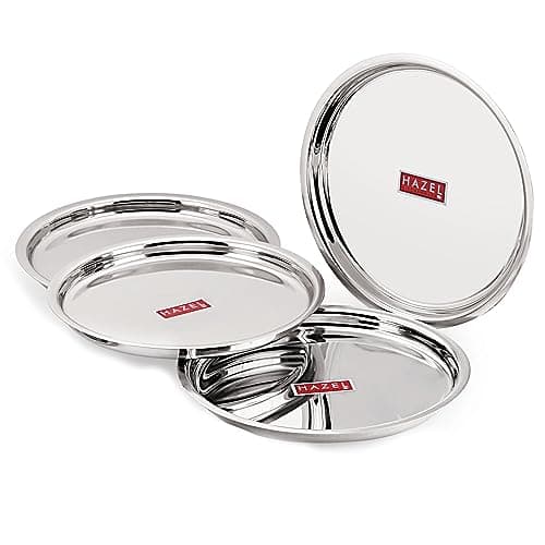 HAZEL Stainless Steel Plates Set | Premium Mirror Finish Thali Set Stainless Steel | Heavy Gauge Steel Plates Set for Dinner & Lunch Set of 4, 25 cm