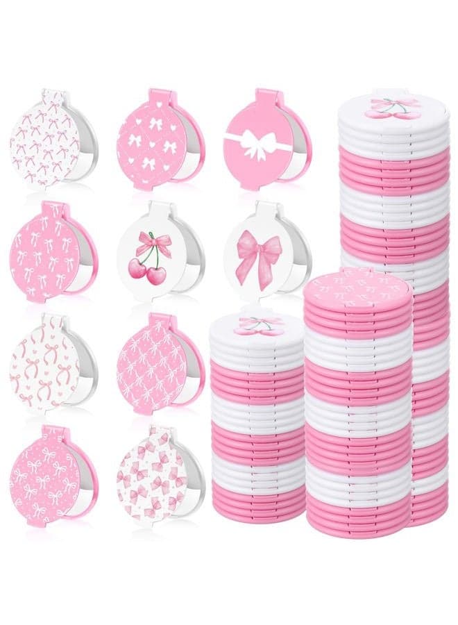 100 Pcs Coquette Pink Bow Compact Mirrors Bulk Round Portable Makeup Travel Mini Mirror Aesthetic Preppy Gifts for Women Double Sided 2.8 Inch Makeup Favor for Purse Party Bridal Baby Shower