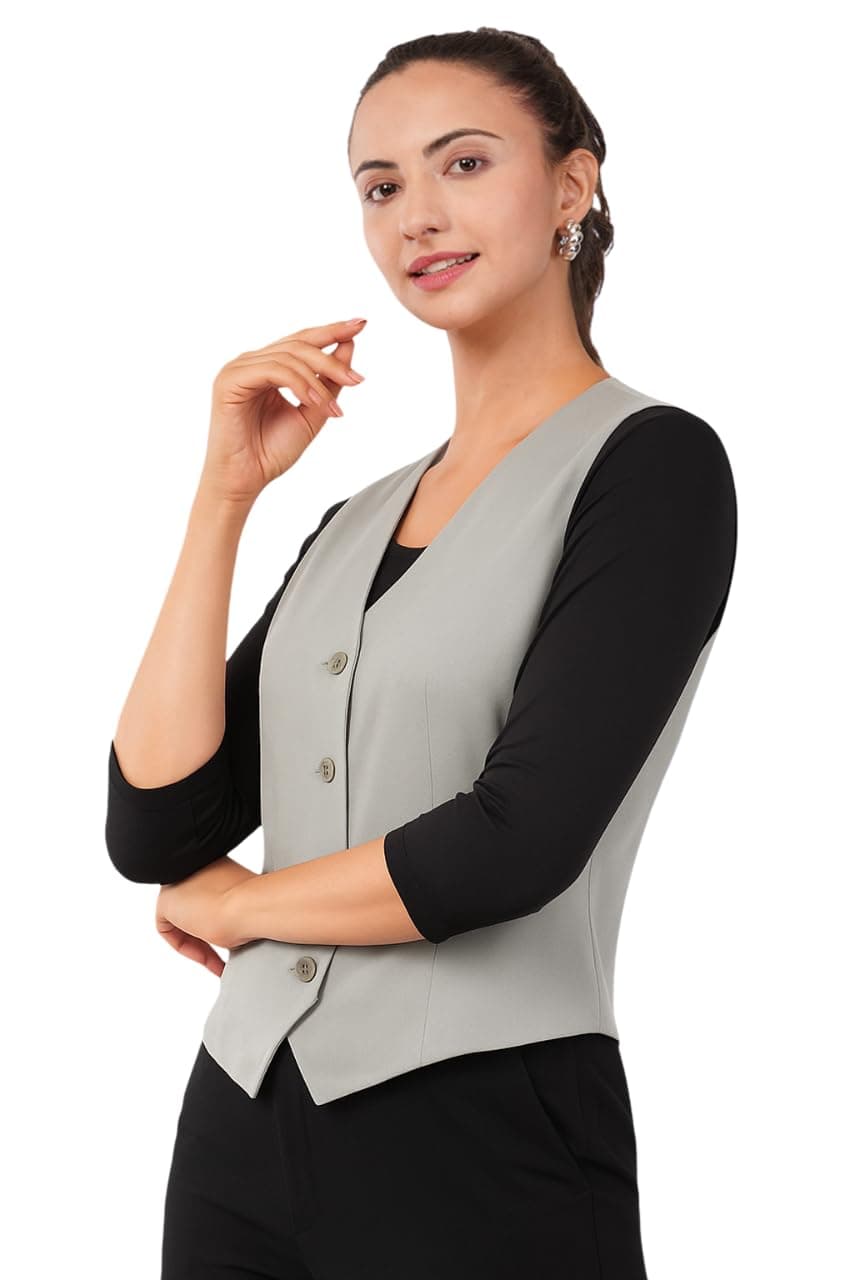 SaintX Women's Solid V-Neck Waistcoat, Full Back Design, Button Closure, Tailored Slim Fit, Elegant Outerwear for Casual & Formal Occasions