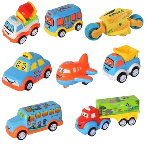 VROOMS & WHEELS Pull Back Toy Cars Set of 8 | Friction Powered Mini Cartoon Vehicles for Kids | Durable ABS Plastic Cars, Trucks, Bus, Bike & Airplane | No Battery Toys for Boys & Girls Age 3+