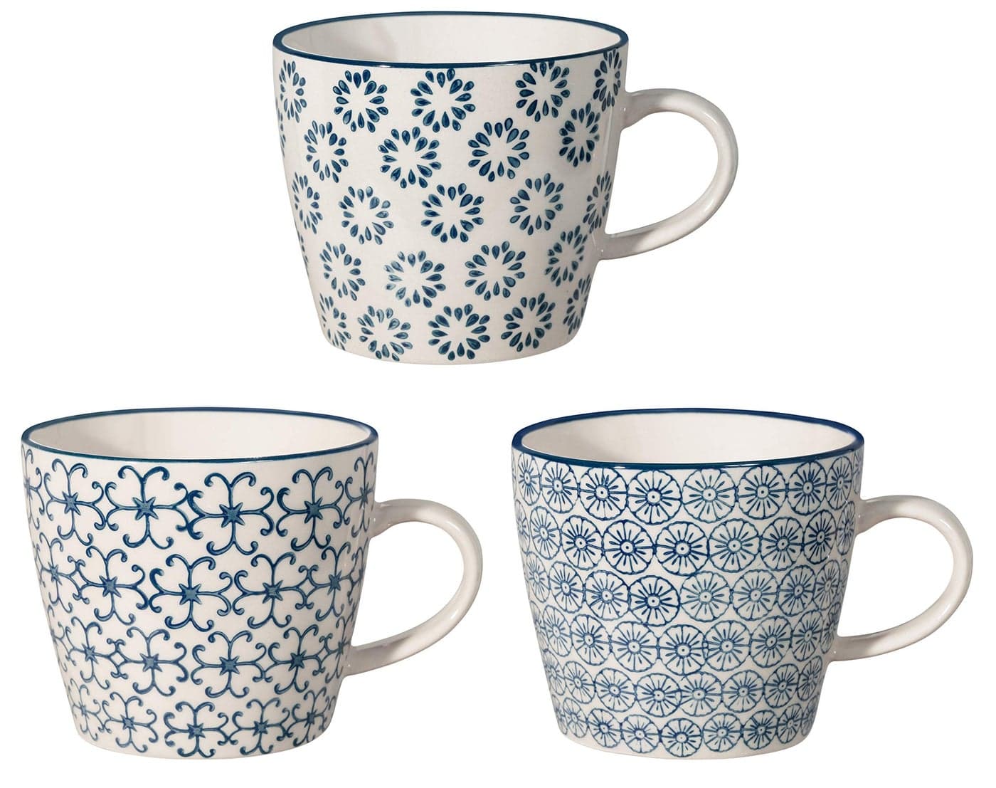Bloomingville Ceramic Mugs with Handle Kristina colorful Cups for Coffee Tea Cappucino Dia 375 H 325 blue Stoneware Set of 3 Styles content 975 fl oz