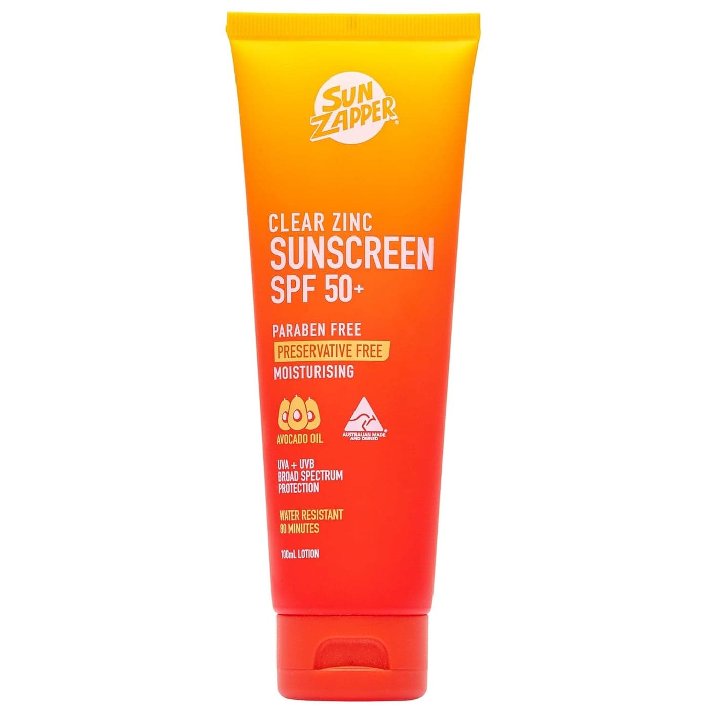 Sun Zapper Clear Zinc Sunscreen SPF 50 Broad Spectrum Water Resistant 100mL 34 oz Contains Vitamin E Aloe Vera Made in Australia