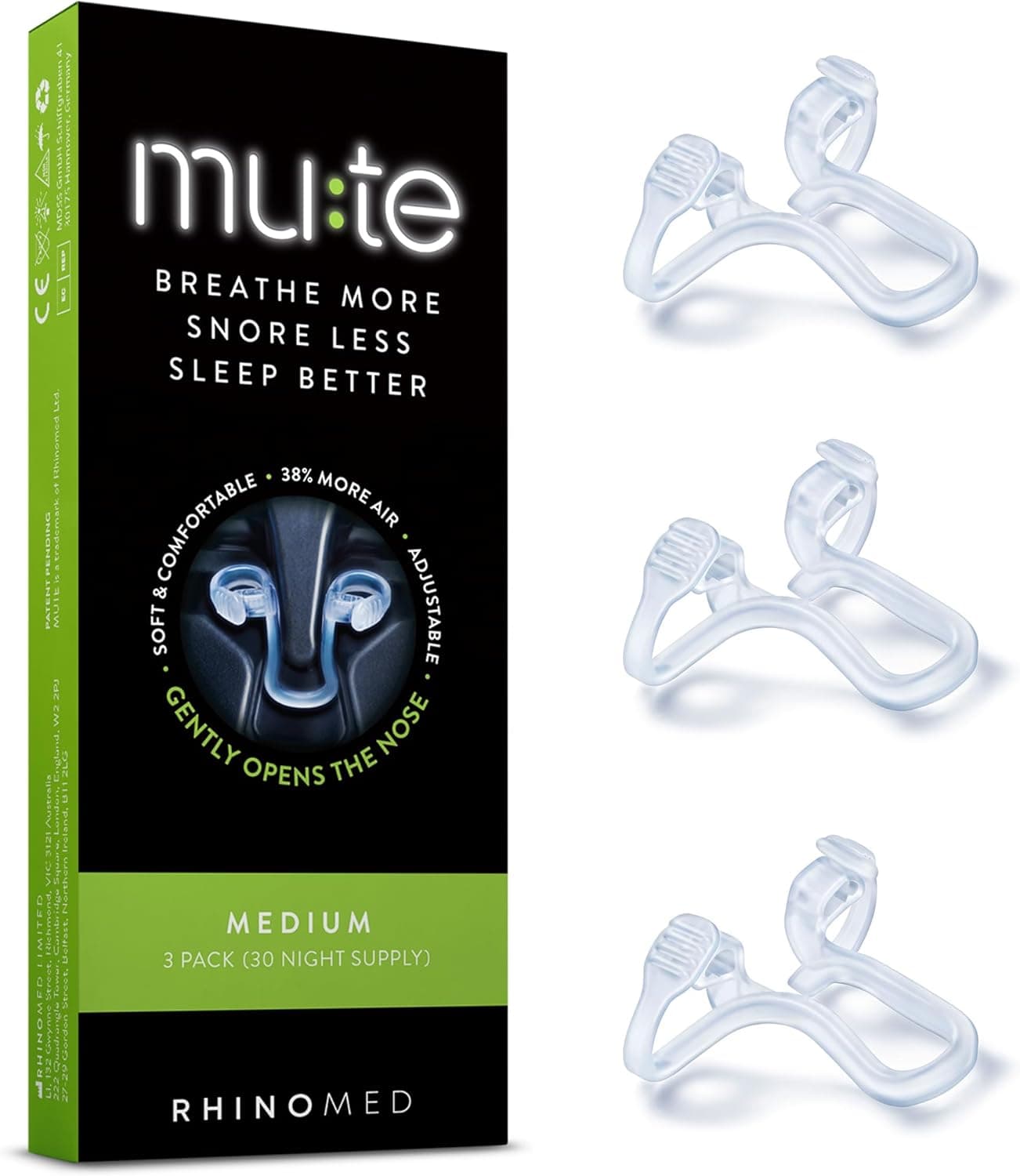 Mute Nasal Dilator for Snore Reduction - Anti-Snoring Aid Solution - Breathing Aids for Better Sleep - Comfortable Nose Vents to Improve Airflow (Medium, 3-Pk)