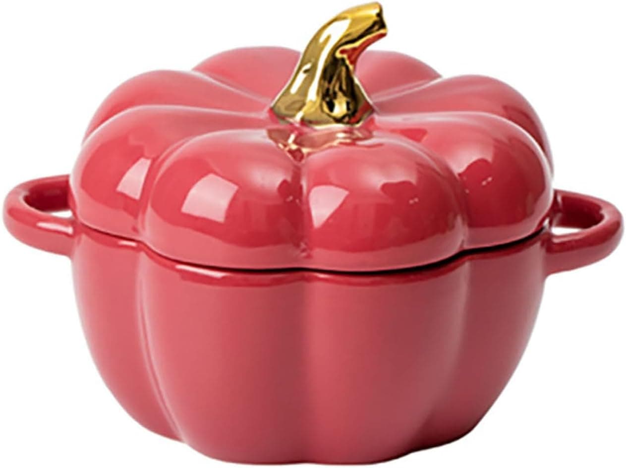 Pumpkin Bowl Set with Lid and Handle 14 Oz Ceramic Ramekins for Baking Casserole Dish Individual Severing Pot Stoneware Oven Safe Red