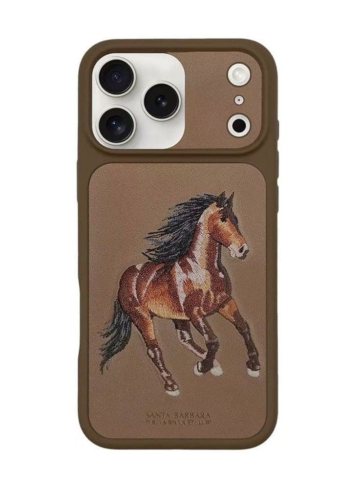 Boris Series Horse Embroidery MagSafe Phone Case for iPhone 17 Pro – Shockproof, Premium Pleather TPU, Anti-Slip Grip, Raised Edges for Screen Camera Protection, Scratch-Resistant, Lightweight Slim Design – Brown