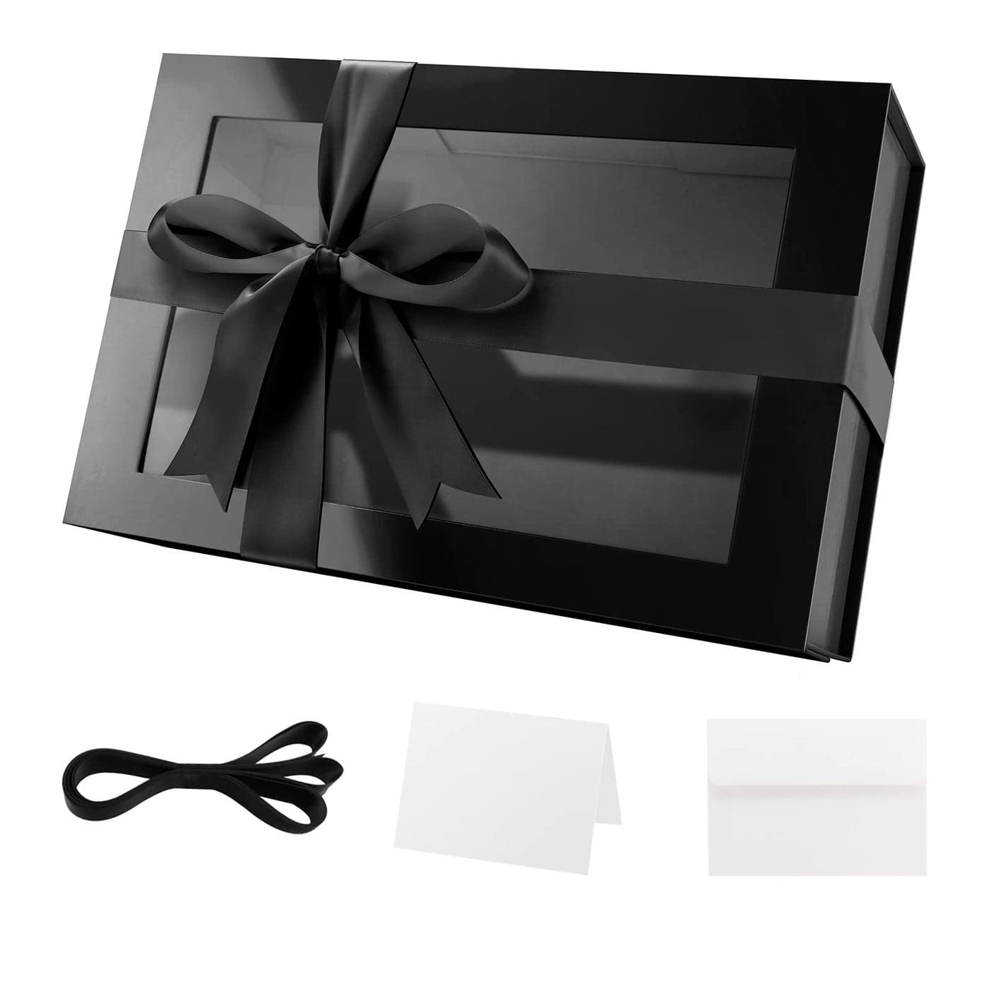 PACKQUEEN Large Black Gift Box with Window 135x9x41 Inches Clear Gift Box for Present Contains Ribbon Card Groomsman Proposal Box with Magnetic Lid Glossy Black