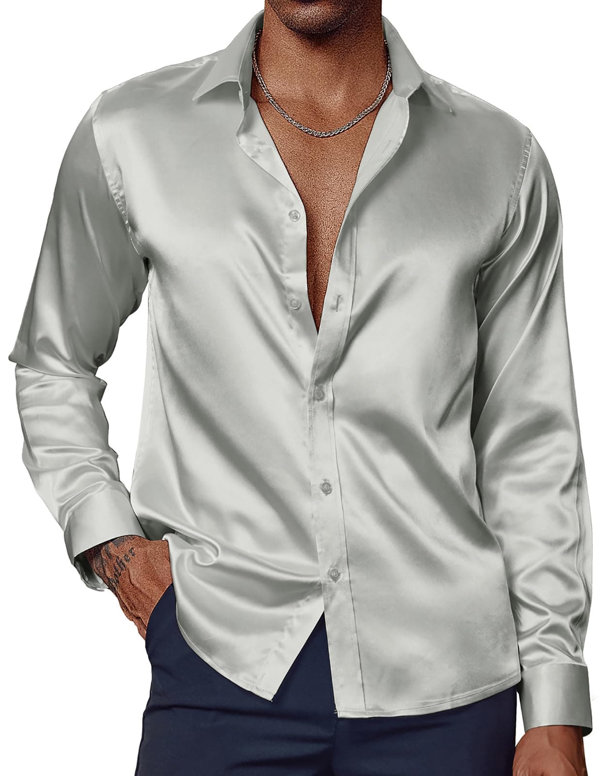 PJ PAUL JONES Silk Shirts for Men Long Sleeve Satin Shirts for Men 70s Disco Party Shirt with Bow Tie Silver XL