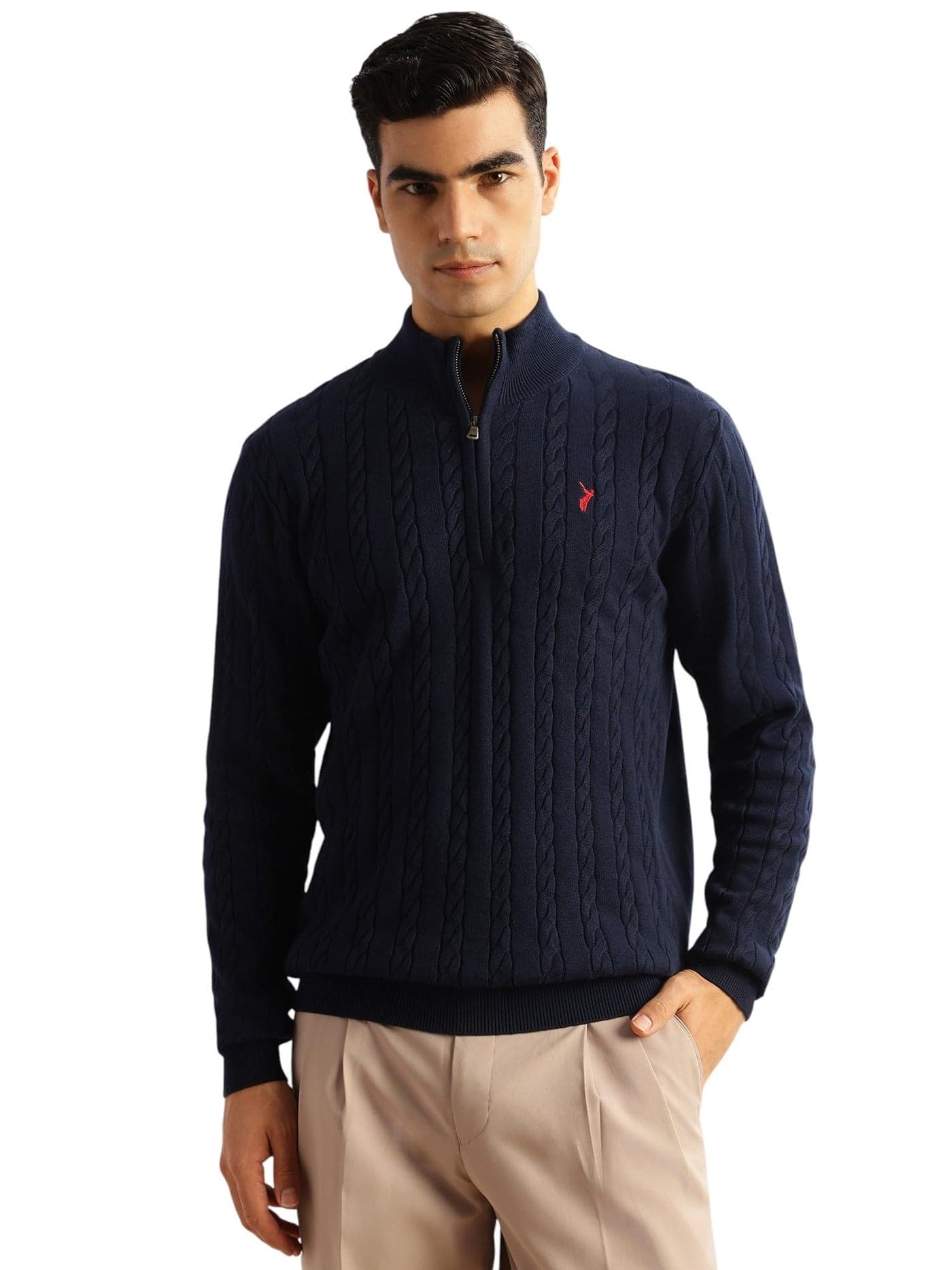 Thomas Scott Men's | Regular Fit | Long Sleeves | Mock Collar | 100% Cotton | Dry Clean | Cable Knit | Knitted | Pullover Sweater (TSFK27_Navy_XL)