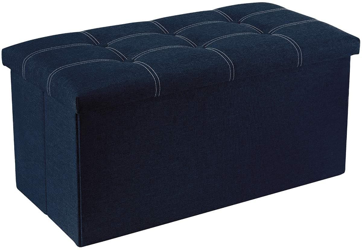 DR Mall Folding Storage Ottoman Long Shoes Sofa Bench Fabric Linen Footrest Stool for Laundry Storage Space End of Bed Seat Toys Storage Organizer Bin Box with Lidded Cover 76X38X38 CM Blue