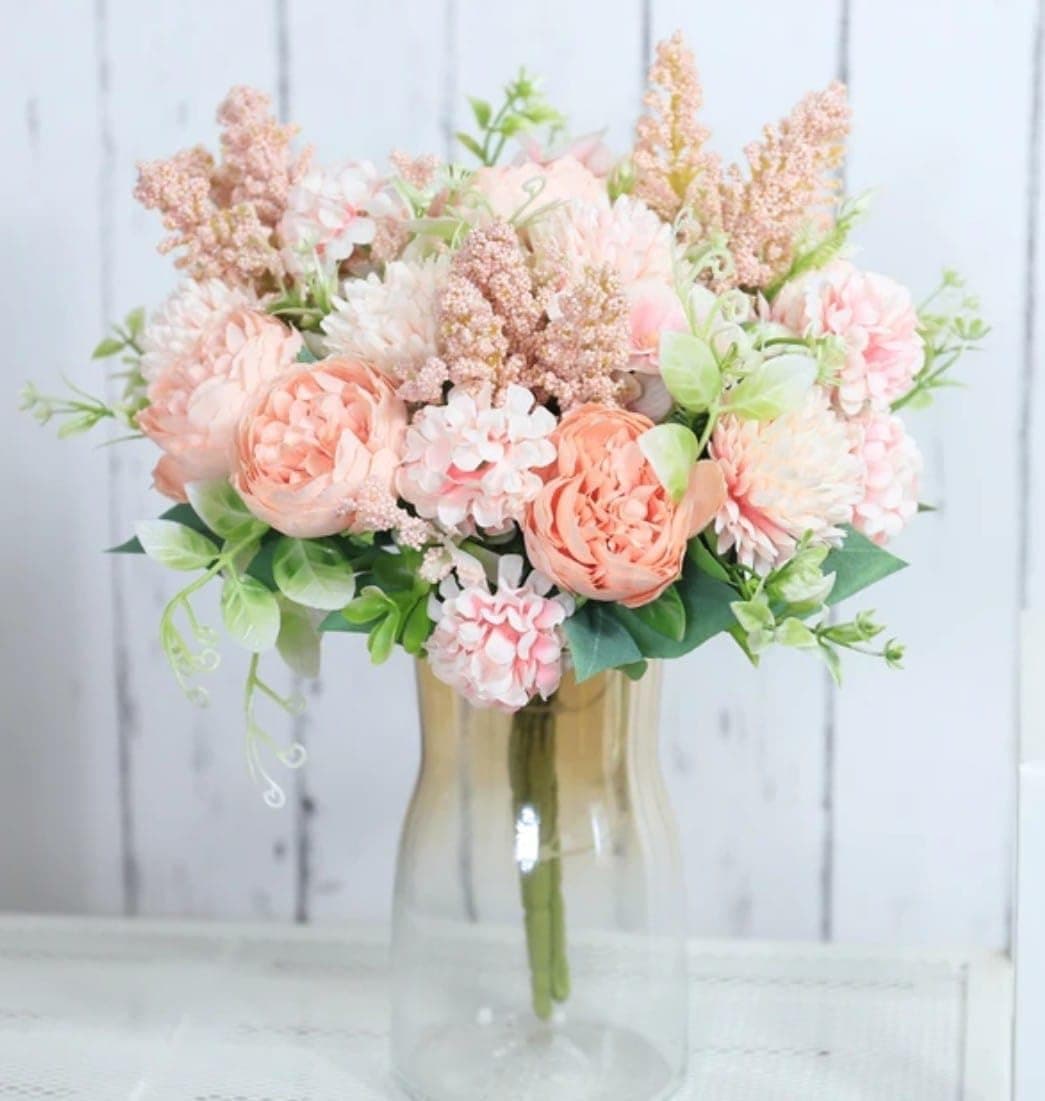 VRB Dec 1 Pcs Artificial Flower Bunch Dahlia,Lily,Roses Flowers Sticks,Lily Artificial Flowers for Home Decor,Bedroom, Living Room, Table, Balcony, Office, Wedding, Pooja (Blush Peach)