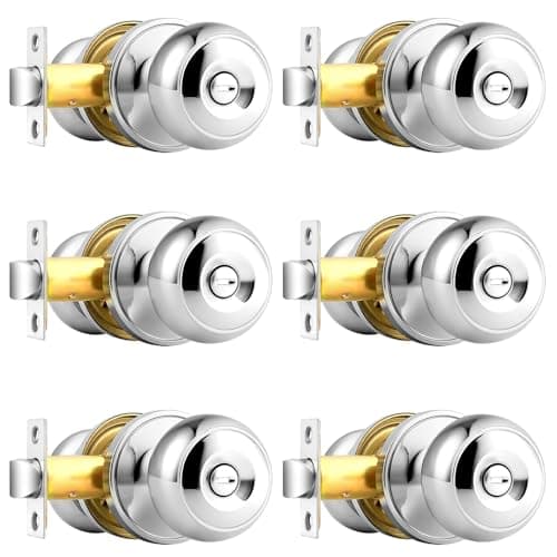 Probrico Privacy Bed/Bath Knobs in Polished Chrome, Interior Door Locks for Bedroom Bathroom, 6 Pack