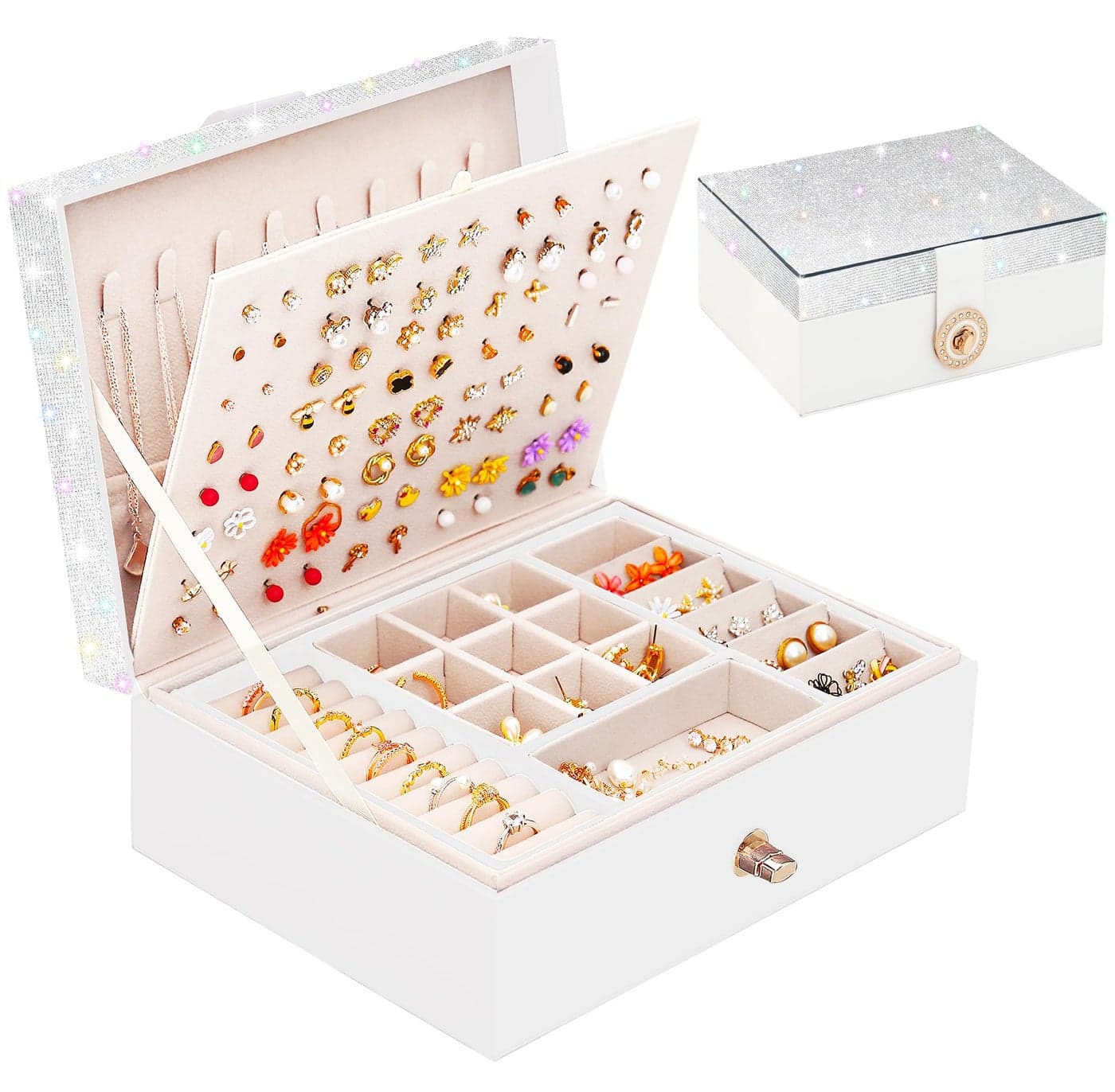 QBestry Jewelry Box for Earrings Teen Girls Jewelry Organizer Box Earring Holder Organizer for Girls Jewelry Box Stud Earring Organizers for Girls Earrings Jewelry Boxes for Women Bling