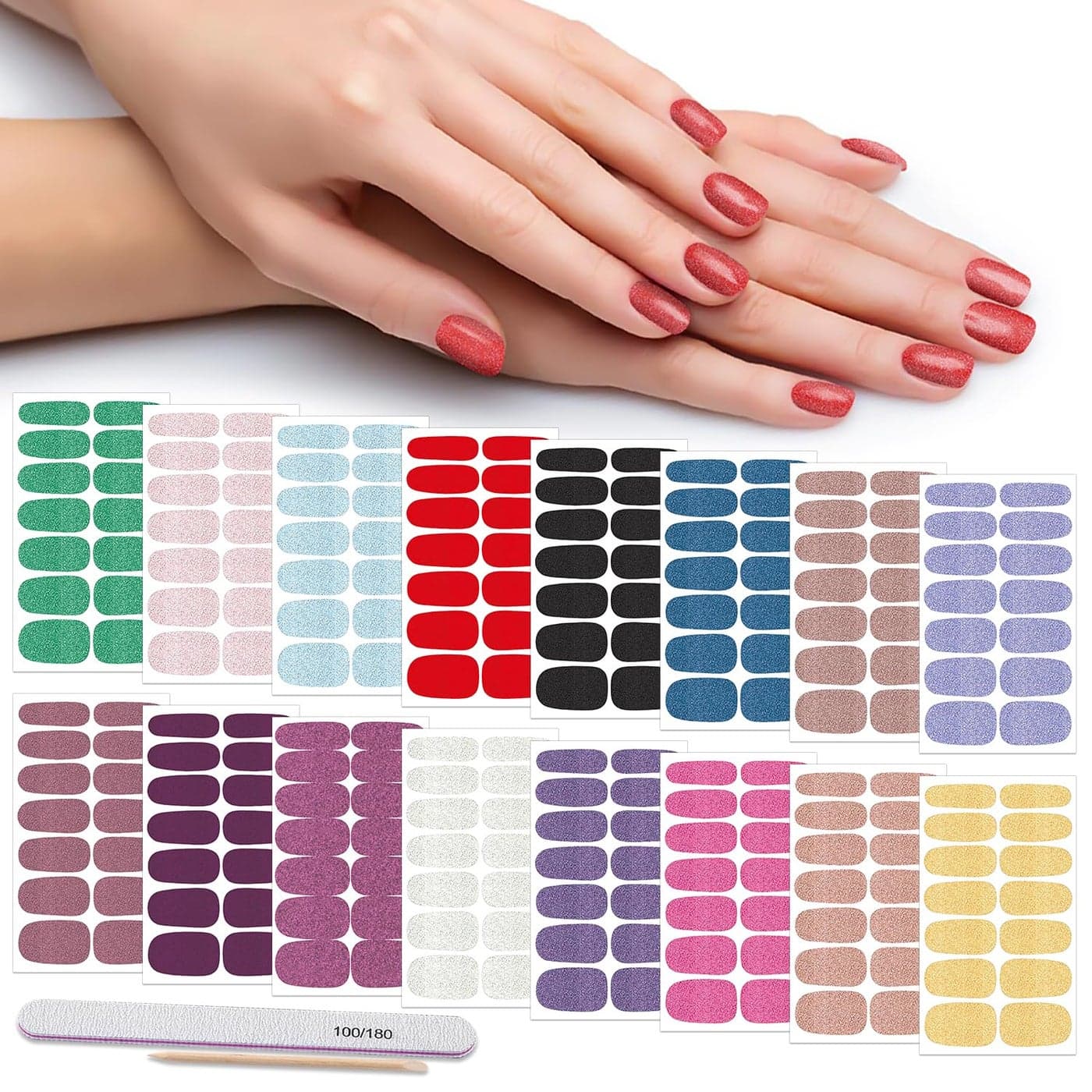 DANNEASY 16 Sheets Nail Polish Strips Glitter Nail Wraps for Women Self Adhesive Nail Polish Stickers Gel Nail Strips Manicure Nail Art Accessories with 1pc File Cuticle Stick Bright Color