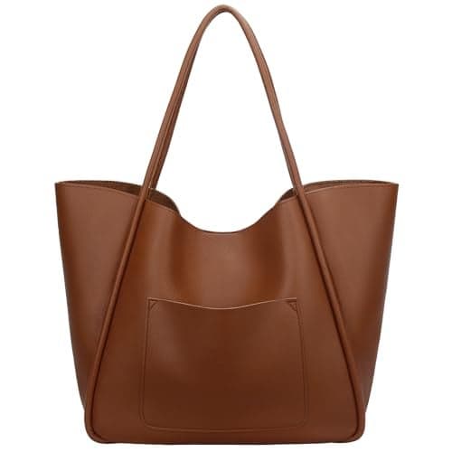 KKXIU Tote Bag for Women Vegan Leather Shoulder Purse Large Capacity Travel Bag - Brown