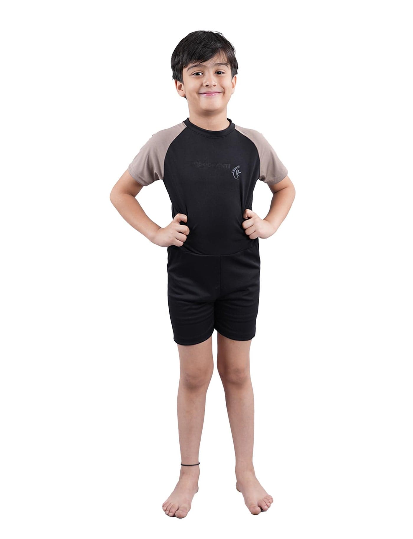 KiddoPanti Boys & Girls Half Sleeve Mid Thigh Length Swim Suit, Black & Lt Brown, 3-4Y