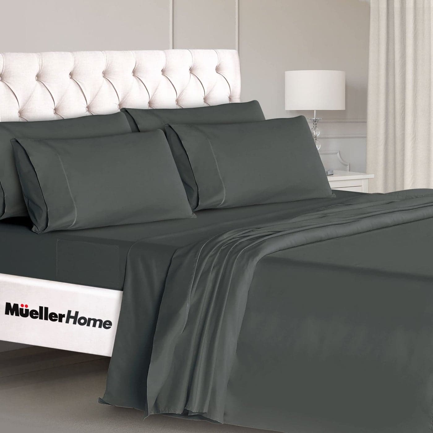 Mueller Ultratemp King Size Sheets Set Super Soft 1800 6 Piece Deep Pocket up to 16 Bed Sheets Transfers Heat Breathes Better Hypoallergenic Wrinkle Dark Grey