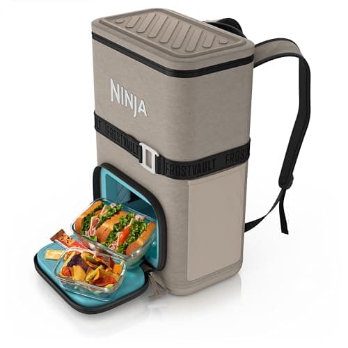 Ninja Backpack Cooler FrostVault Go 24 Can Soft Cooler Leakproof Zipper with Built in Can Opener 2 Ice Packs Dry Storage Drawer for Hiking Camping More Birch Beige FF124CS