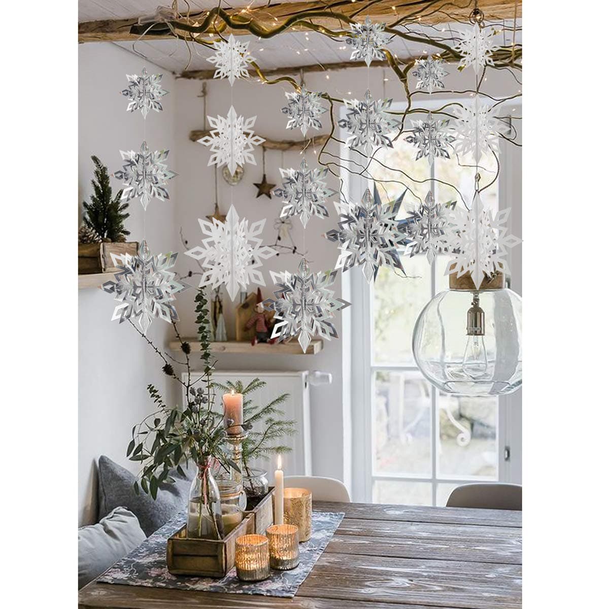Crafare Christmas 3D Hanging Snowflakes Ornaments 3 Size 18PCS White Silver Snowflakes Hanging Garland for Winter Wonderland Holiday New Year Party Home Decoration