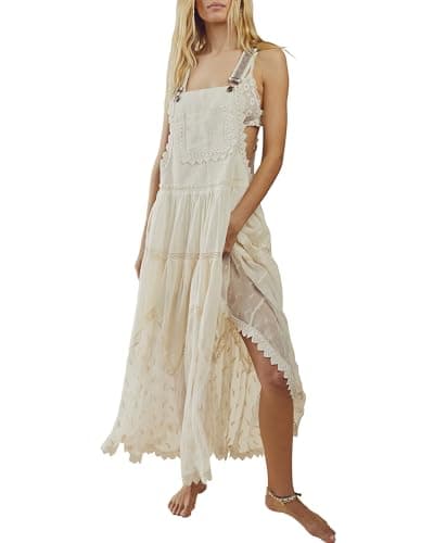 Gacaky Summer Dress for Women Casual Floral Embroidered Bohemian Dress Adjustable Straps Bib Maxi Flowy Dresses with Pockets Beige L