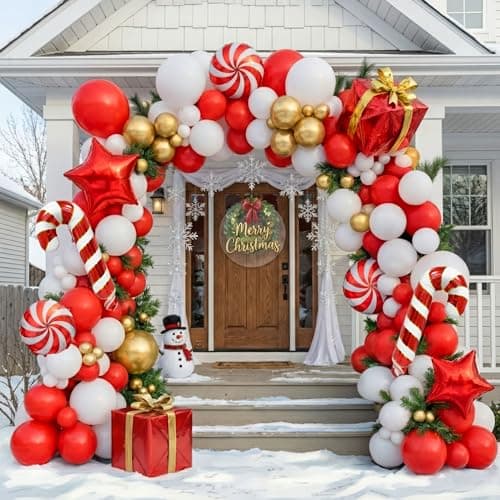 139PCS Christmas Balloon Arch Kit candy christmas Balloon Garland Includes Red White Golden Balloons Candy Cane Balloons for Birthday Wedding Engagements Baby Shower Christmas Party Decorations