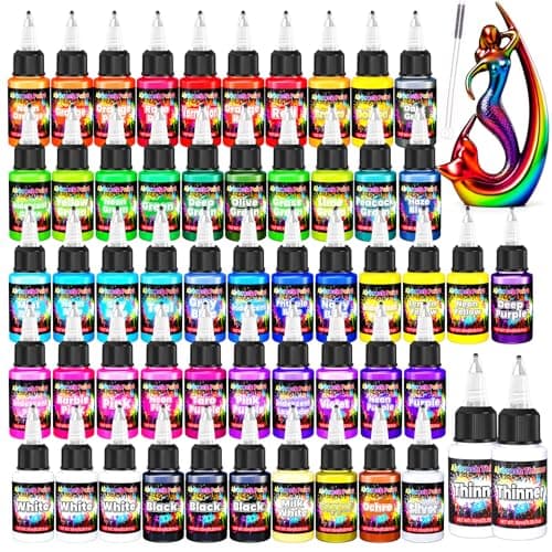 Airbrush Paint - 54 Colors with 2 Airbrush Thinners, Ready to Spray Air Brush Painting Set, Water Based Acrylic Paint for Model, Car, Metal, Fabric, Artists Beginners 4 Types of Colors