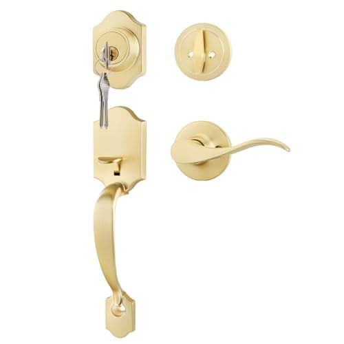 Goldenwarm Front Door Handle and Deadbolt Set, Gold Front Door Lock Set with Reversible Handle Lever, Classic Brass Front Door Hardware, Front Door Handles and Locks