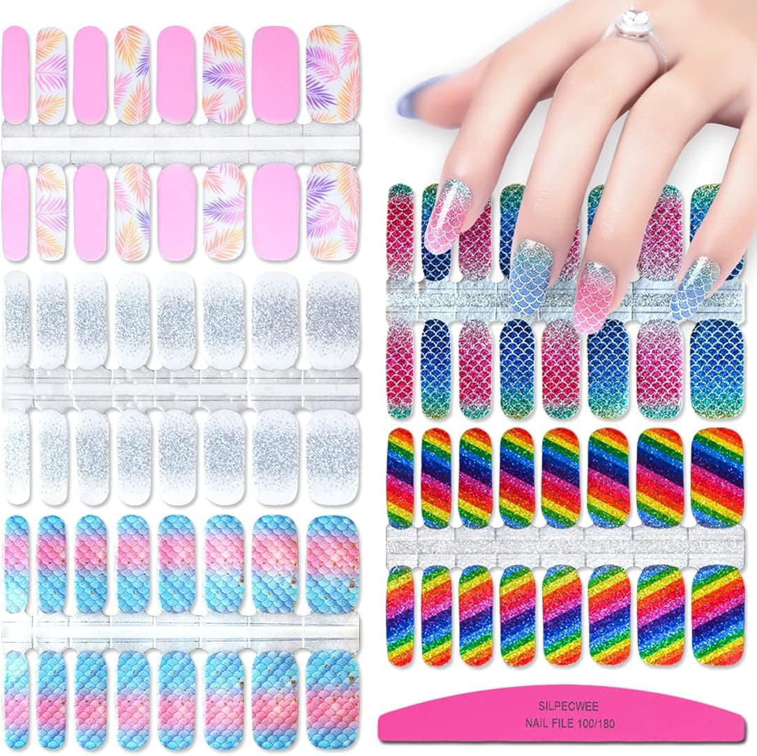 SILPECWEE 5 Sheets Nail Polish Strips Rainbow Glitter Adhesive Nail Stickers Full Nail Wraps Nail Strips for Women Nail Accessories with 1pc Nail File