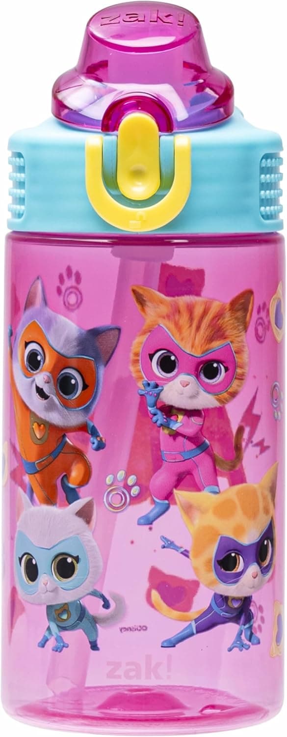 Zak Designs Disney SuperKitties Sage Kids Water Bottle For School or Travel 16oz Durable Plastic Water Bottle With Straw Handle and LeakProof PopUp Spout Cover Ginny Sparks Buddy Bitsy