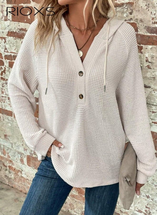Women's Oversized Waffle Knit Button Up Hoodies, Trendy Loose Fit Casual Long Sleeve V Neck Sweatshirts for Ladies, Pullover Hooded Tops with Pockets, Comfortable Lightweight Drawstring Hoodies Winter Fall Outfits for Office, Party, School, Running, Sport, Gym and More, White