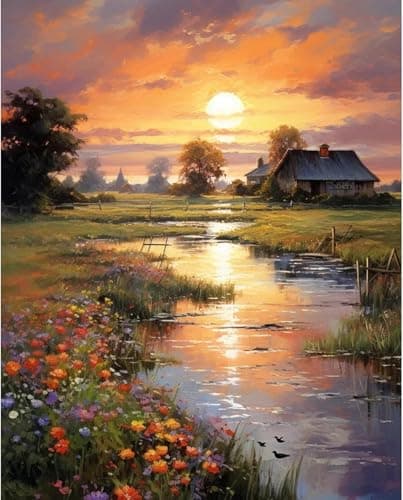 Eiazuiks Stamping Cross Stitch Kit Sunset Counting Cross Stitch Kit for Adult Beginners Full Line DIYStitching Kit for Home Decor Cross Stitch Patterns 12x16 inches