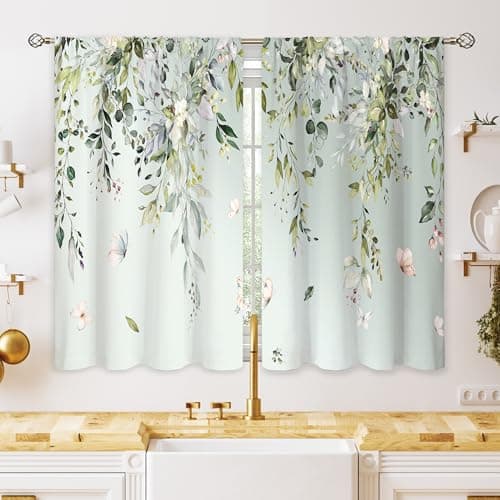 oolygoo Eucalyptus Botanical Leaves Floral Kitchen Window Curtains Butterfly Farmhouse Flower Leaf Small Window Treatment Sage Green Cafe Short Curtains for Bathroom Treatment Tier Drapes 27.9x39 inch
