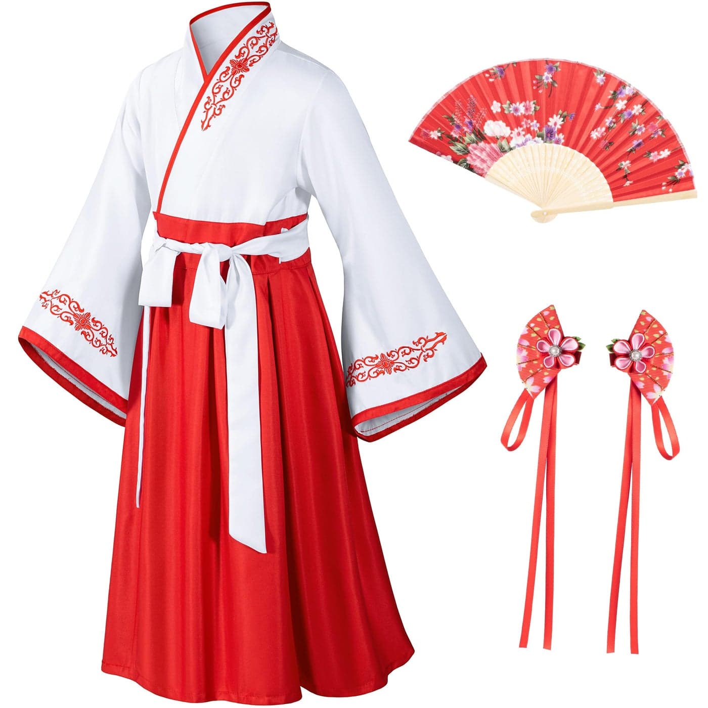 Asian Traditional Dress Kimono Robe for Kids Girls Costume Silk Folding Fans hairstick CosplayWhite Red 120cm