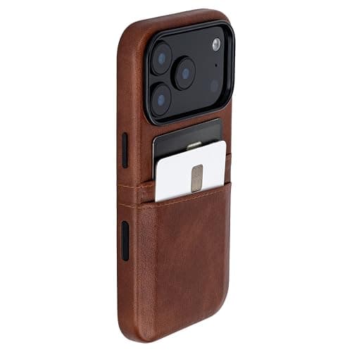 Dockem Card Case for iPhone 17 Pro with Magnetic Mounting Plate Camera Control Button Wallet with 2 Holder Slots M2 Exec Premium Synthetic Leather Brown
