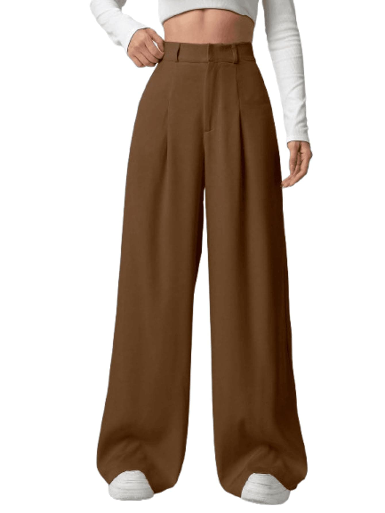 Aahwan Brown Solid High Waist Straight Korean Loose Pleated Wide Leg Trouser for Women's & Girl's(296-Brown_28)