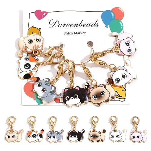 DoreenBeads 7Pcs Cat Stitch Marker for Crocheting and Knitting Locking Alloy Enamel Cute Cartoon Cat Crochet Stitch Marker with Lobster Clasp Knitting Crocheting Accessories Gold