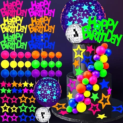 56 PCS Glow Cake Topper Set with Ball Star and Happy Birthday Toppers UV Reactive Party Decorations for Neon Cakes Black Light Party Supplies in 6 Colors