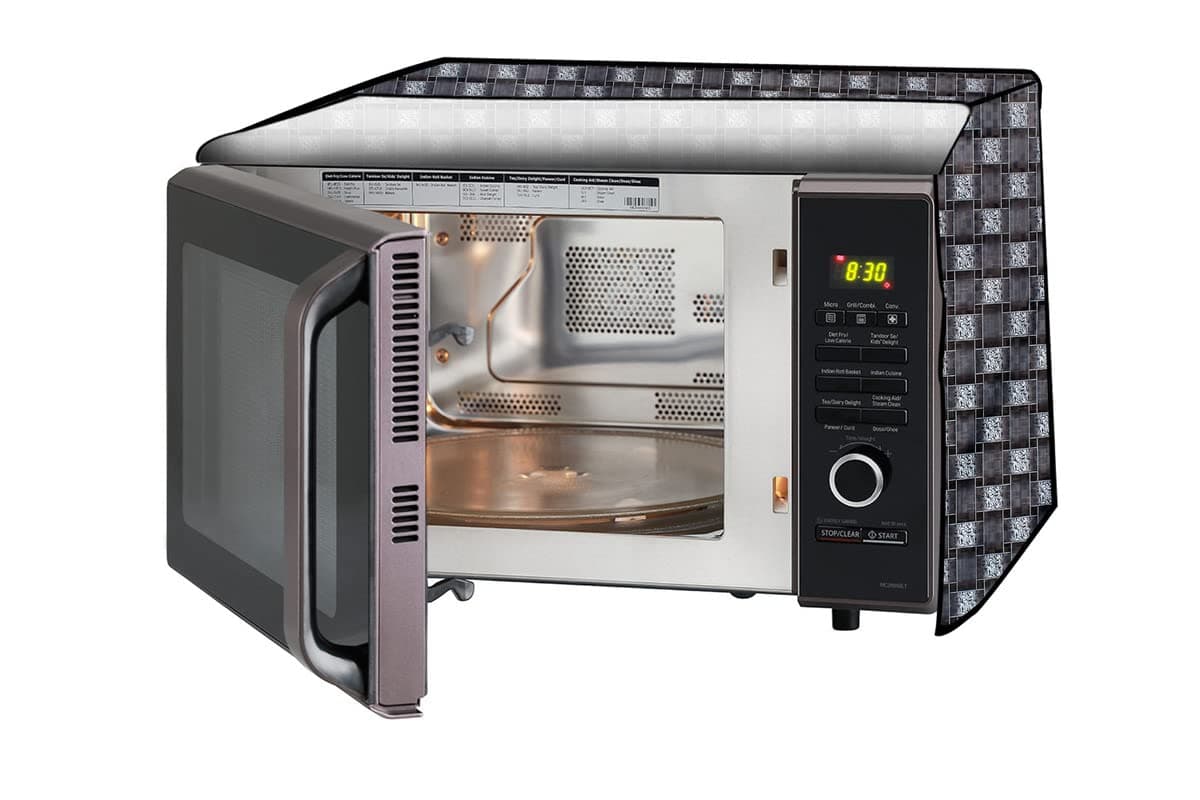 The Furnishing Tree Microwave Oven Cover full closure PVC suitable for all major brands for size LxWxH 17x20x14 in inches Basketweave Pattern Grey