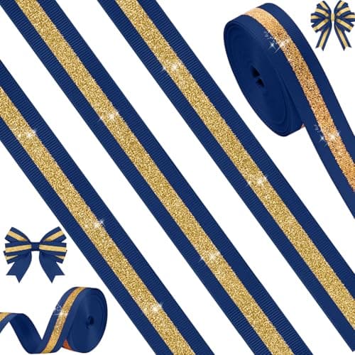 Tegeme 10 Yards 78 Inch Cheer Ribbon Navy Blue Gold Glitter Football Ribbon Team Spirit Roll Polyester Craft for Cheerleading Sport Event DIY Gift Wrapping Hair Bows Wedding Birthday Party Supplies