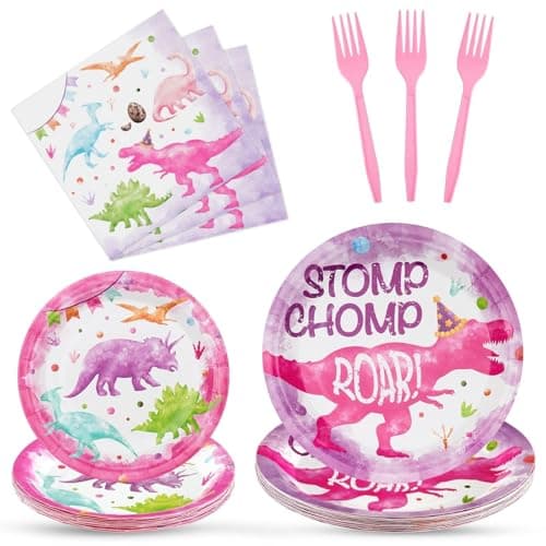 WERNNSAI Girl Dinosaur Party Decorations 64 PCS Dinosaur Plates Napkins and Forks Pink Dino Birthday Decorations Dino Party Plates for Kids Girls Birthday Baby Shower Favors Serves 16 Guests