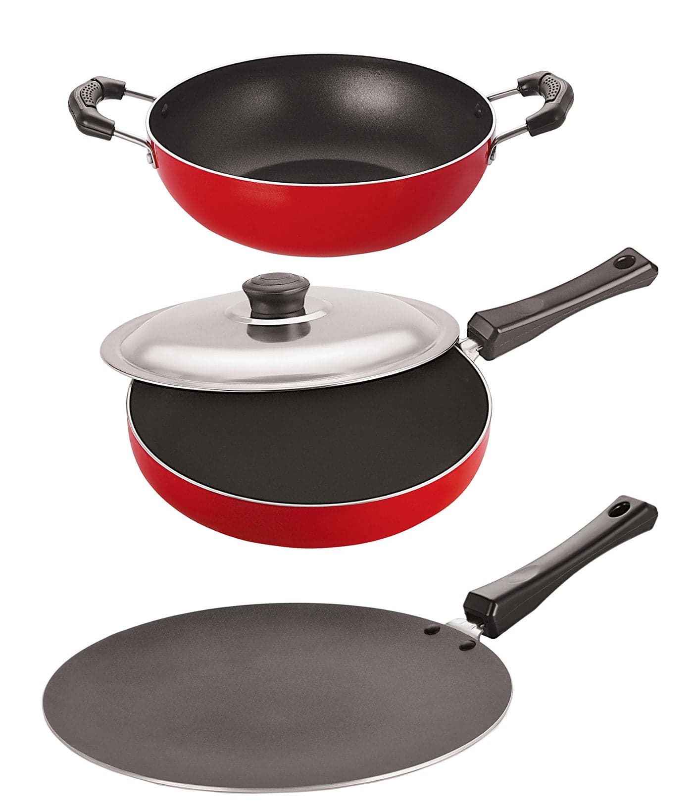 Nirlon Rust Free Non-Stick Aluminium Concave Tawa Fry Pan and Kadai Kitchenware Combo Utensils Set, 2.6mm_CT12_FP13_KD10
