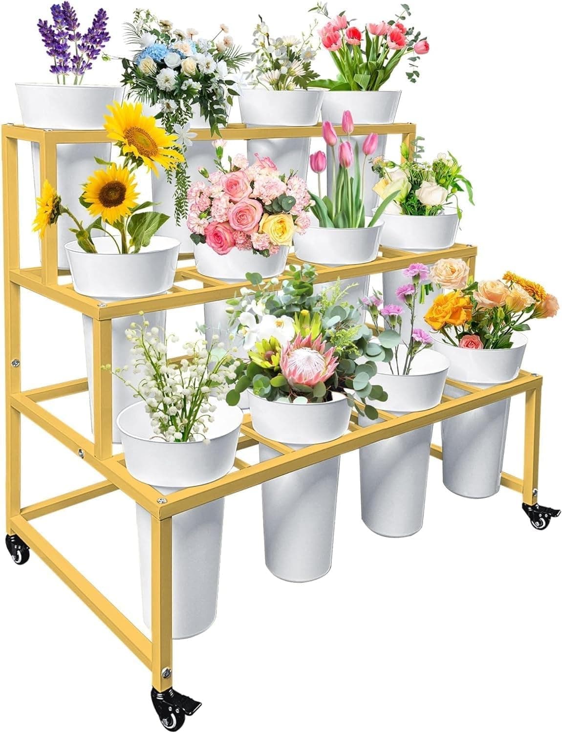OGFC 39912 Portable Flower Display Stand , Flower Cart, Flower Stand Metal with Wheels, Moving Florist Bouquet Shelf (Gold, 3-tier)