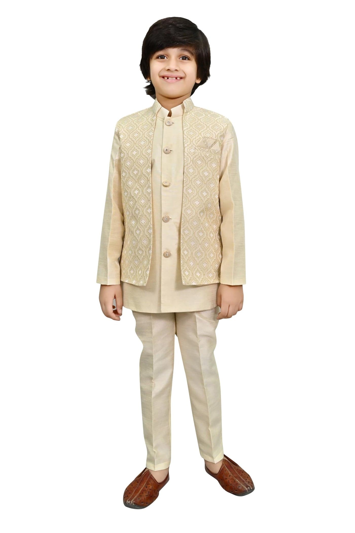 AHHAAAA Kids Indian Ethnic Velvet Waistcoat Silk Kurta Pyjama Set Bollywood Style Wedding Ethnic for Boys (Cream, 8-9 Years), Solid