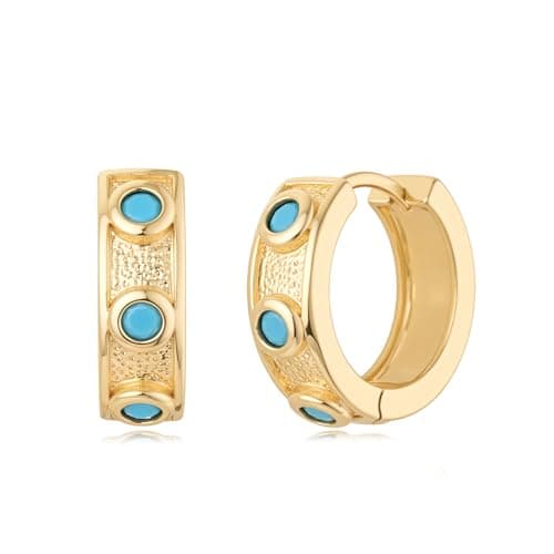 MYEARS Women Turquoise Earrings Gold Huggie Hoop 14K Gold Filled Small Simple Handmade Hypoallergenic Everyday Jewelry