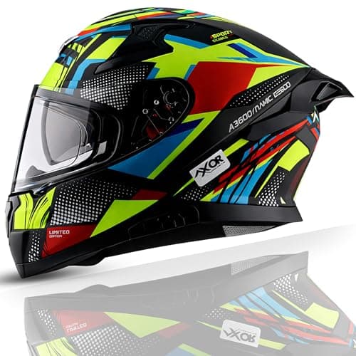 Axor Apex Vivid ISI ECE DOT Certified Full Face Dual Visor Helmet for Men and Women with Pinlock Fitted Outer Clear Visor and Inner Smoke Sun Visor Black Neon Yellow(XL)