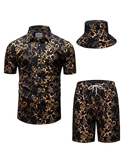 fohemr Mens Luxury Outfit Set Black Gold Shirts And Shorts Chain Print 2 Piece Tracksuit Set Baroque Button Down Hawaiian Suit with Bucket Hats Large
